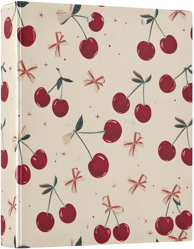 3 Ring Binder Retro Bow Cherry 1.5" Round Ring Binders View Binder with 200 Sheet for Kids School Supplies Women Men Office, 1 Pack