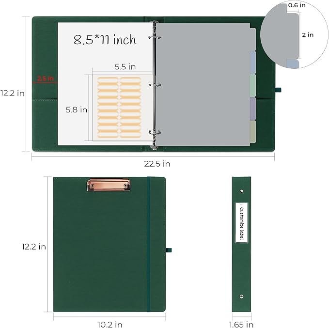 EYROZILL 3 Ring Binder, 1 Inch Linen Binder Organizer for Letter Size (8.5" x 11") with 5 Tab Dividers, File Folder Labels and Low Profile Clipboards, School and Office Supplies-Blackish Green