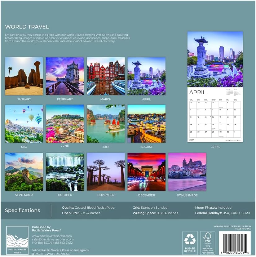 World Travel 2027 Wall Calendar, 12 x 24 Hanging Pacific Waters Press