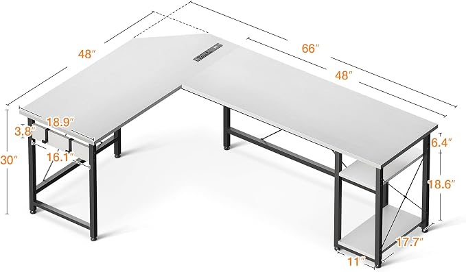 Coleshome L Shaped Computer Desk 66" with Power Outlet & Storage Shelves, Corner Sturdy Writing Desk Workstation, Modern Wooden Office Gaming Desk, Wood & Metal, White