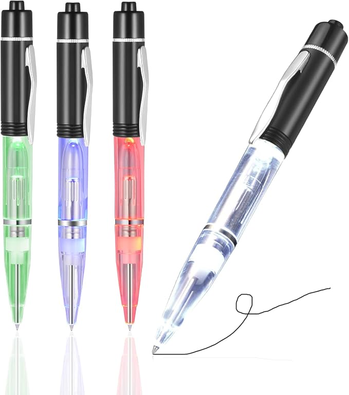 Penyeah Light Up Pen, Black Led Pens With Light for Writing in Dark Places, 0.7mm, Black Ink Ballpoint Pens For School/Camping/Events - White/Red/Green/Blue (Pack of 4)