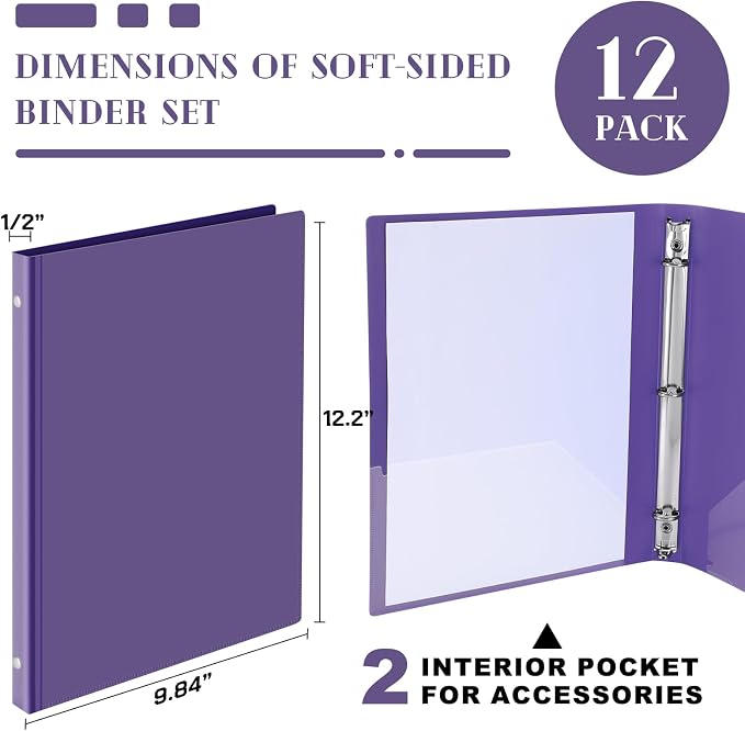 Fulmoon 12 Pcs Economy View 3 Ring Plastic Binder 12.2 x 9.8 Inch Plastic Round Ring Binders with Pockets Notebinder for Meetings for Home, Office, School(Purple, 1/2 Inch)