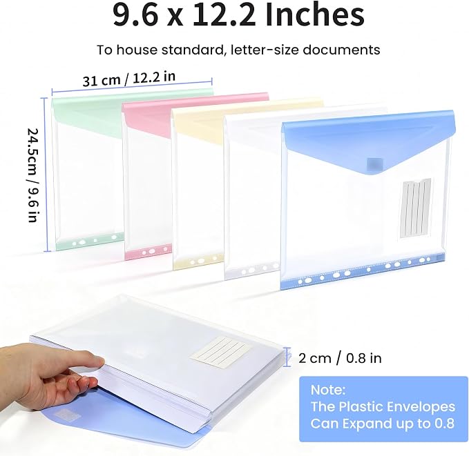 11-Hole Binder Pockets, Fits Letter/A4 Size for 2/3/4 Ring Binder, 5 Pack | Plastic Expanding File Folders with Label & Hook-Loop Closure, 200-Sheet Capacity, Suitable for Home, Office, School