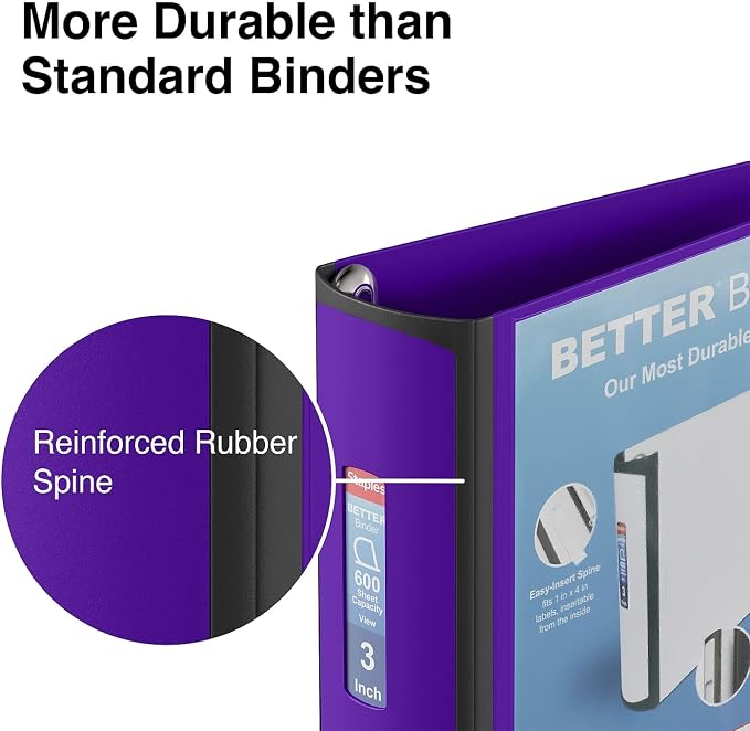 Staples Better 3-Inch D-Ring 3-Ring Binder, Purple, 600 Sheets | Reinforced spine for durable everyday school and office document storage.