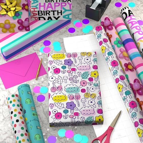 Hallmark Birthday Wrapping Paper Rolls, 6 Rolls (Flowers, Stripes, Dots)