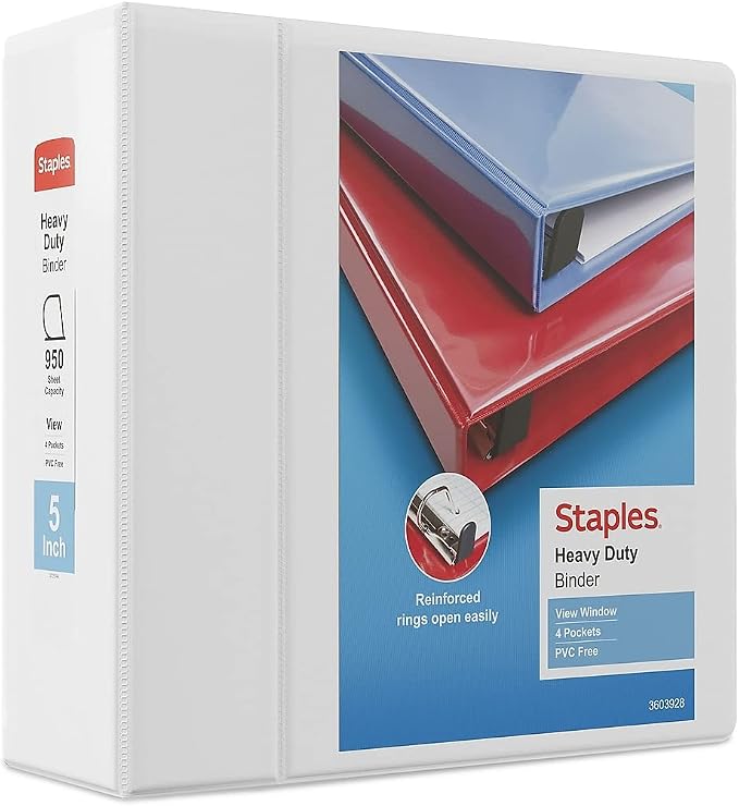 Staples Heavy-Duty 5-Inch D-Ring View Binder, White, 1,000 Sheets | Extra-large capacity for office document storage and archiving needs.