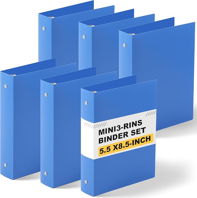 Henoyso 1.5 Inch 6 Pack Mini 3 Ring Binders for 5.5"x8.5" Paper,Blue | Holds 280 Sheets, Plastic Small Binders, Round Three Rings, Flexible PP Covers, School Office, Photo Album Planner Journal