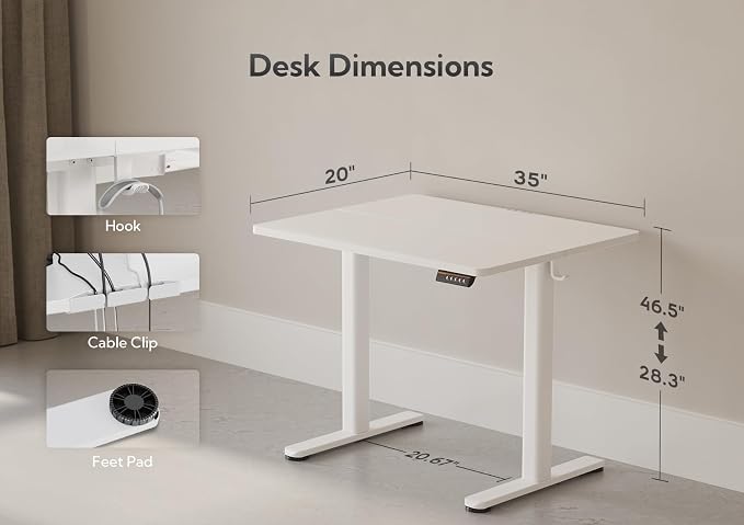 Claiks Electric Height Adjustable Standing Desk, 35x20 Inch, White | Smooth Height Adjustment, 3 Memory Presets, Cable Management Hub&Hook, Stable Steel Frame, 176lbs Capacity, Easy Assembly