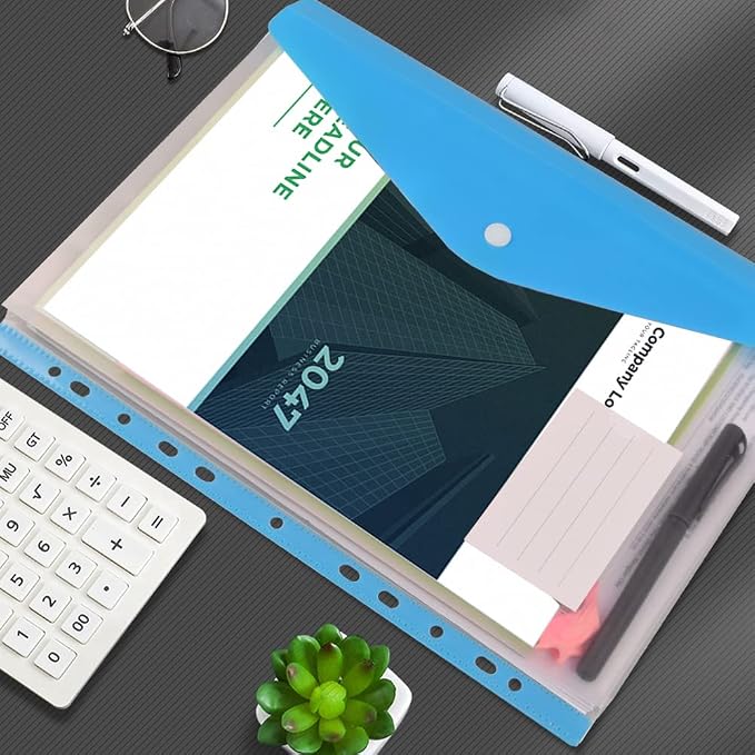 12 Pack Plastic Envelopes Binder Pocket 11 Holes Expandable Binder Folders for 2/3/4 Ring Document Pouch with Snap Button & Label Loose-Leaf Transparent for School Home Office (Side-Opening)