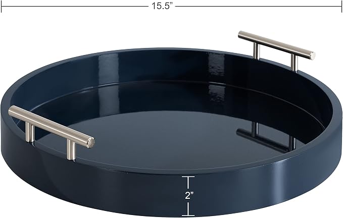 Kate And Laurel Lipton Modern Round Tray; 15.5 Diameter; Navy and Silver; Decorative Accent Tray for Storage and Display