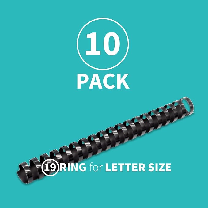 Binditek Plastic Binding Comb Spines, 1 Inch, 19 Ring, Black, 10 Pack | Plastic Binding Combs, 1 Inch Diameter, 225 Sheet Capacity, for Letter Size, for Students and Coworkers