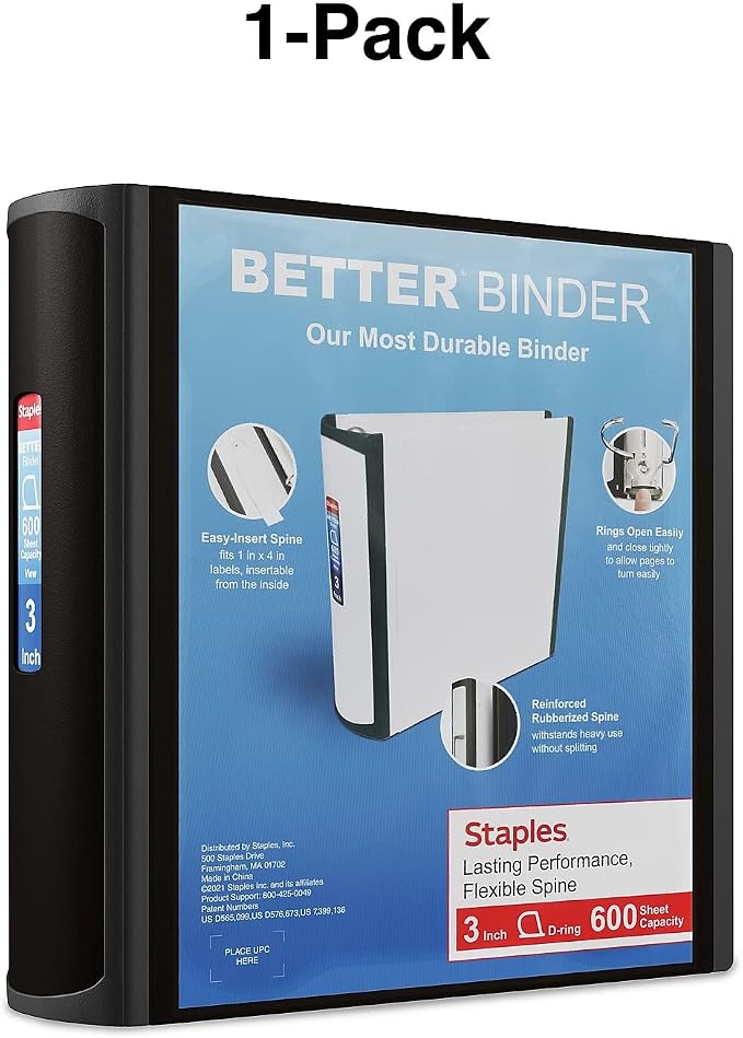Staples Better 3-Inch D-Ring Binder, Black, Heavy-Duty, Large Capacity | Durable 3-ring binder for school and office document storage and organization.