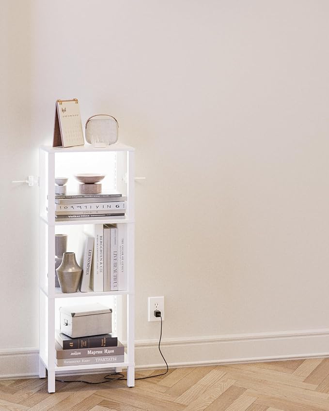 Open Book Shelf with LED Lights, 4 Tier Small Bookshelf, Narrow Freestanding Shelf Bookcase with Open Shelves, 14.96" x 10.63" x 41.26", Book Shelves for Living Room, Office, Study, White
