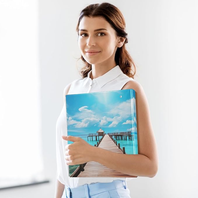SPRIPORT Pier Over Ocean Sea 1.5 Inch 3 Ring Binder Holds 200 Sheets for Office Supplies Durable PVC Round Ring Binder with Interior Clear Pockets Clipboard Binder for Home Work Woman Man