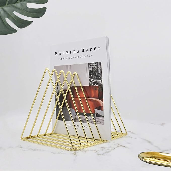 9 Slot Magazine Rack Book Record Holder, Desktop Iron Storage Rack Bookshelf Multifunction Triangle File Organizer Sorter for Decor Home Office, Golden Pack of 2