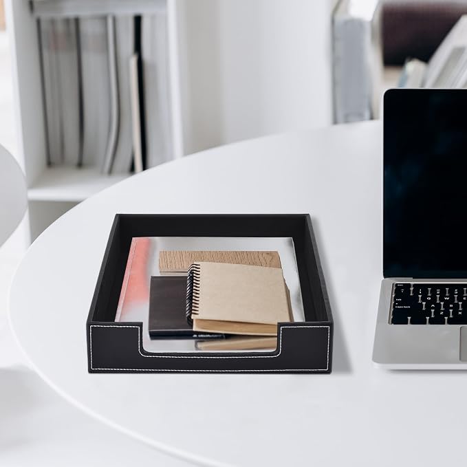 Leather 1-Layer Letter Tray Stackable File Document Tray,A4 Paper Case Rack Desk Office Supplies Organizer Holders,Desktop Organization, Pen Mail Magazine Storage Box(Black)