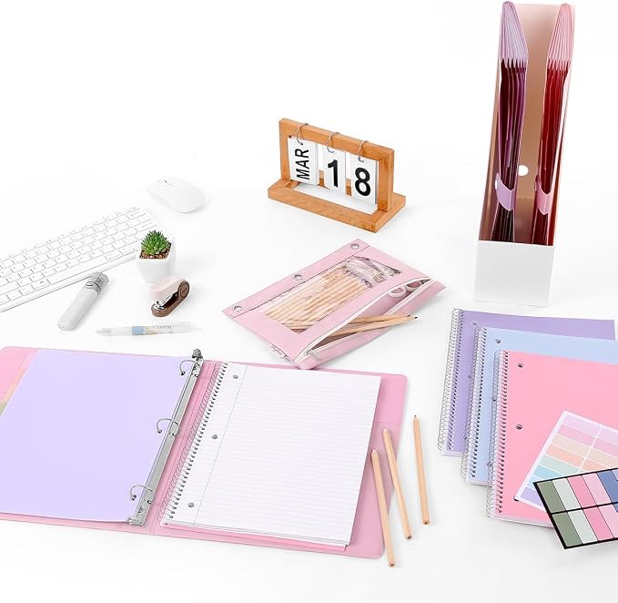 SKYDUE Pink School Supplies Set – 1" 3-Ring Binder, 2 Expanding File Folders, 3 Spiral Notebooks, 8 Tab Dividers & Pencil Pouch – Cute Stationery for High School Stude, College Essentials