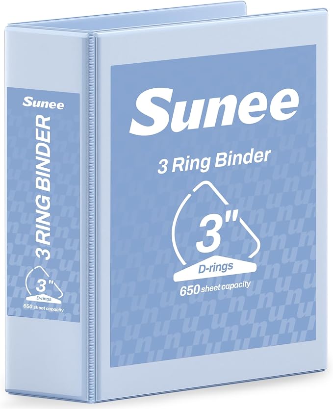 SUNEE 3 Ring Binder 3 Inch D Ring, Clear View Large Binder Three Ring PVC-Free (Fit 8.5x11 Inches) for School or Office Supplies, Haze Blue, 1 Pack