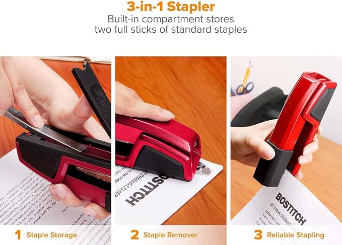 Bostitch Office Epic Metal 3 in 1 Stapler, 25 Sheet Capacity, Includes 210 Staples in Staple Storage Compartment & Integrated Remover, | Die-cast body opens 180 degrees for bulletin boards, with a temporary stapling option and a hidden slot for backup ...