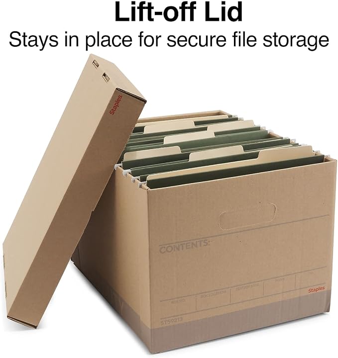 Staples Medium-Duty 100% Recycled Storage Boxes, Letter/Legal, 12-Pack | Eco-friendly stackable boxes for document storage in offices.