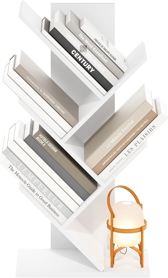 Furinno Tree Book Shelf, 5-Tier Bookshelf with Angled Open Shelf, Tree Bookcase for Room Decor, 8.4 x 15.7 x 30.3, for Organization and Storage, for Living Room, Bedroom, Home Office, White