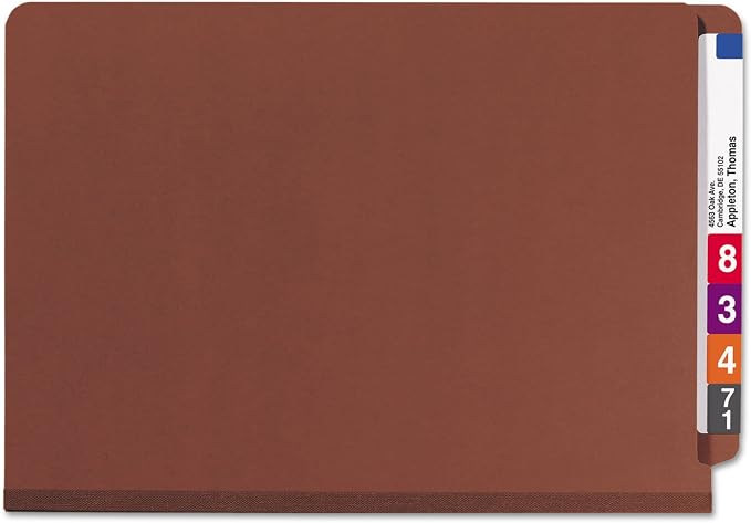 Smead 100% Recycled End Tab Pressboard Classification File Folder with SafeSHIELD Fasteners, 2 Dividers, 2" Expansion, Legal Size, Red, 10 per Box (29860)
