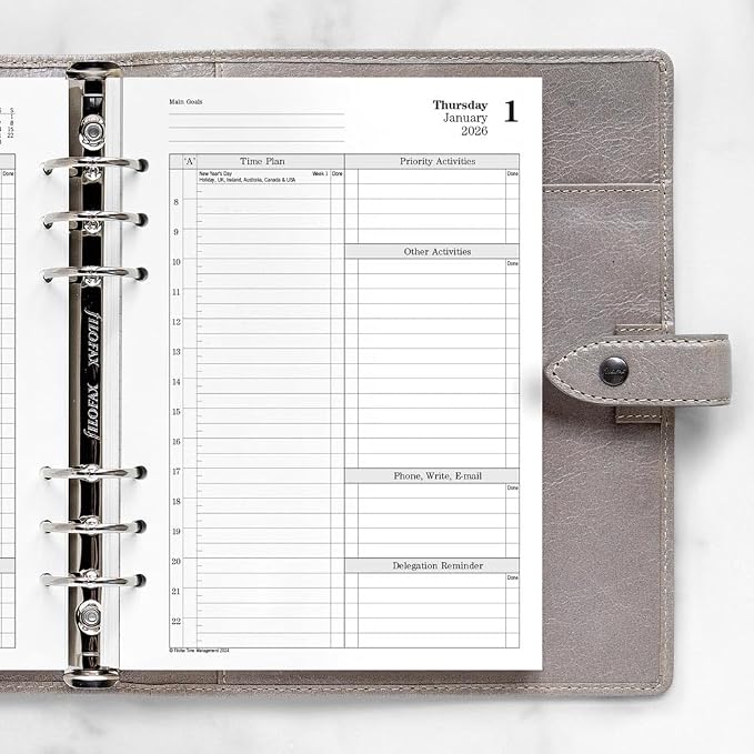 Filofax Calendar Diary Refill, A5 Size, One Day on Two Pages with Appointments, Time Management, White Paper, English, 2026 (CTM7031-26)