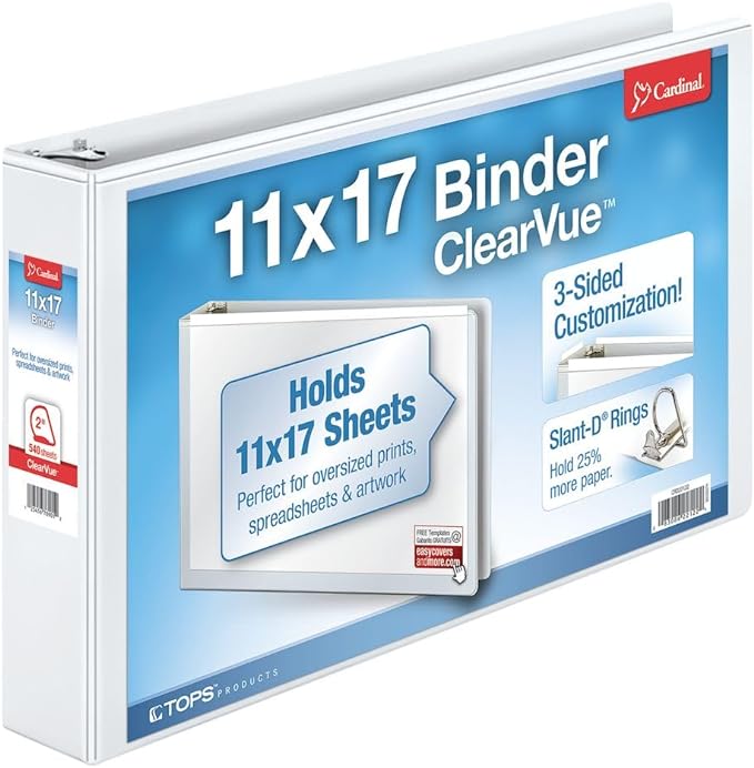 Cardinal 11-Inch x 17-Inch ClearVue Slant-D Ring Binder, 2-Inch, White (22132)