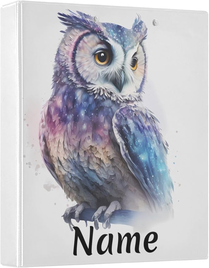 Custom 3 Ring Binder Owl Watercolor 1.5" Round Ring Binders Personalized Name View Binder with 200 Sheet for Women Men Office Kids School Supplies, 1 Pack