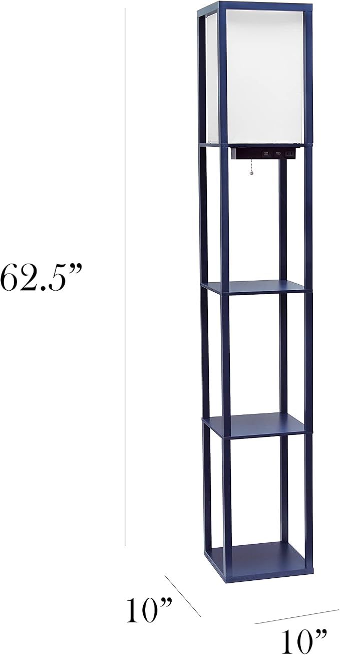 Simple Designs LF1037-NAV-LB Three Shelf Etagere Organizer Storage Floor Lamp with 2 Dual USB Ports and Charging Outlet, Navy Blue, with Feit LED Bulb Included