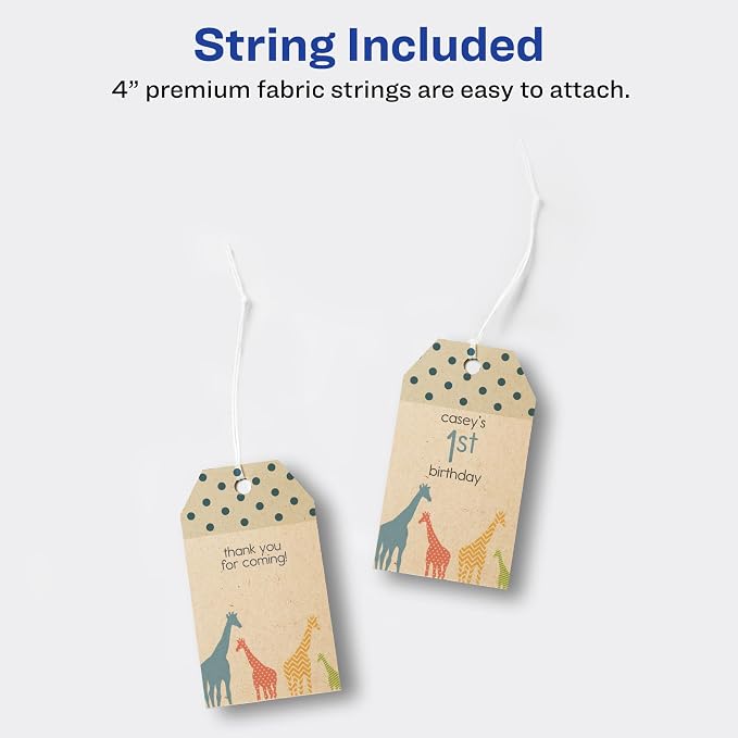 Avery Kraft Brown Banner Tags, Sure Feed Technology, 2" x 3.5", Laser/Inkjet Printable, 64 Total, Strings Included, Also Great for Gifts and Favors (80516)