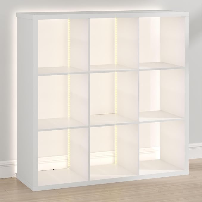 Furinno Cubicle Book Shelf with LED Lights, 9-Cube Bookshelf, Reversible Extra Thick Frame Bookcase, Display Storage Shelves, for Living Room, Bedroom, Home Office, White