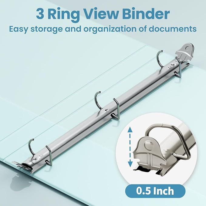SUNEE 3 Ring Binder 1/2 Inch D Ring, Clear View Binder Three Ring PVC-Free (Fit 8.5x11 Inches) for School or Office Supplies, Pastel Blue, 1 Pack