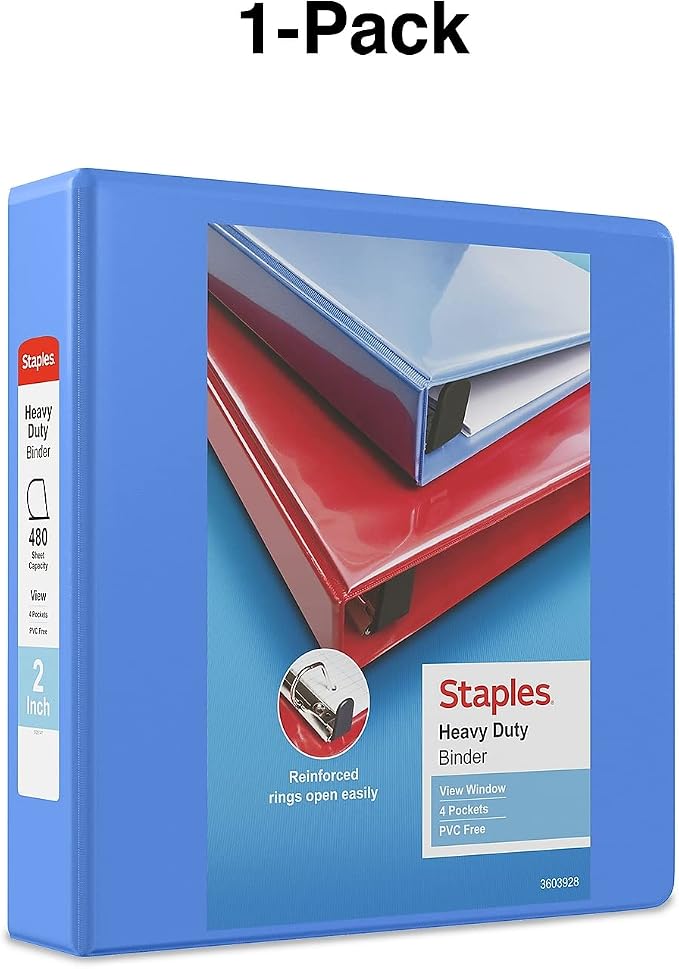 Staples Heavy‑Duty View Binder, 2" D‑Ring, Periwinkle, Reinforced Spine, Durable 3‑Ring Binder for School, Office & Classroom Organization