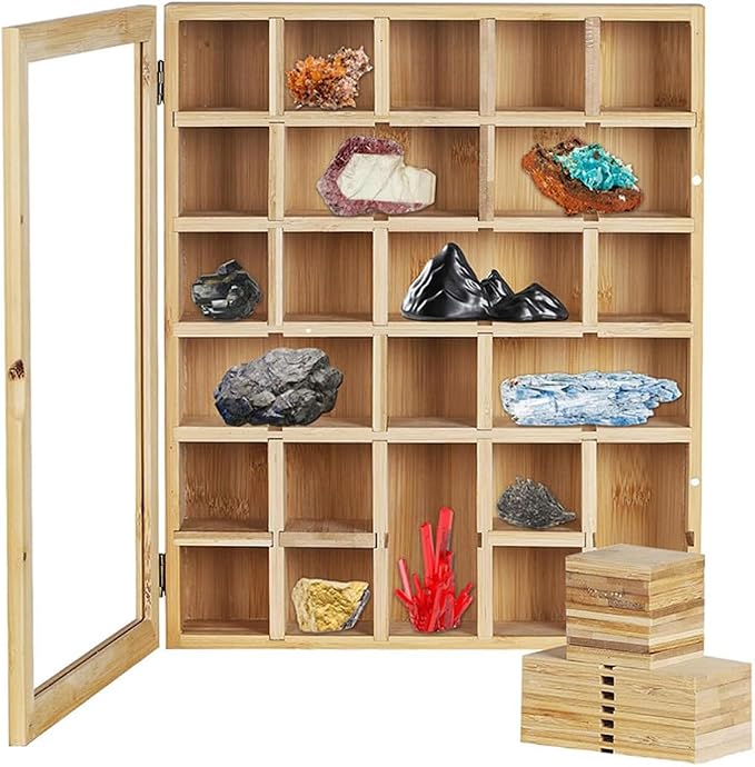 Adjustable Wooden Rock Display Case, 11.81x2.95x14.76 inches | For Crystals Minerals Collection, Showcase, Acrylic Magnetic Door