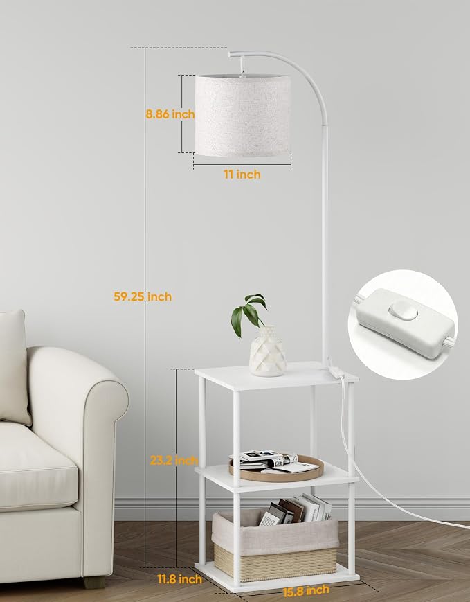 Floor Lamp with Table, Night Stand with Lamp, Narrow Side Table with 3CCT LED Bulb, Small Coffee Table, Modern End Table with Storage Shelves for Living Room Bedroom Home Décor, White