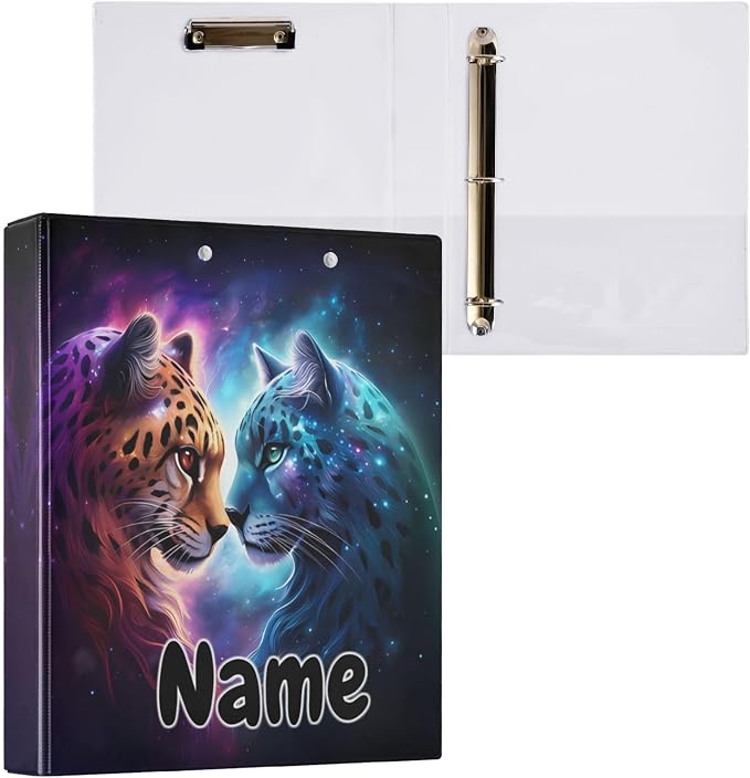 Custom 3 Ring Binder Cheetah Tiger Galaxy 1.5" Round Ring Binders Personalized Name View Binder with 200 Sheet for Kids School Supplies Women Men Office, 1 Pack