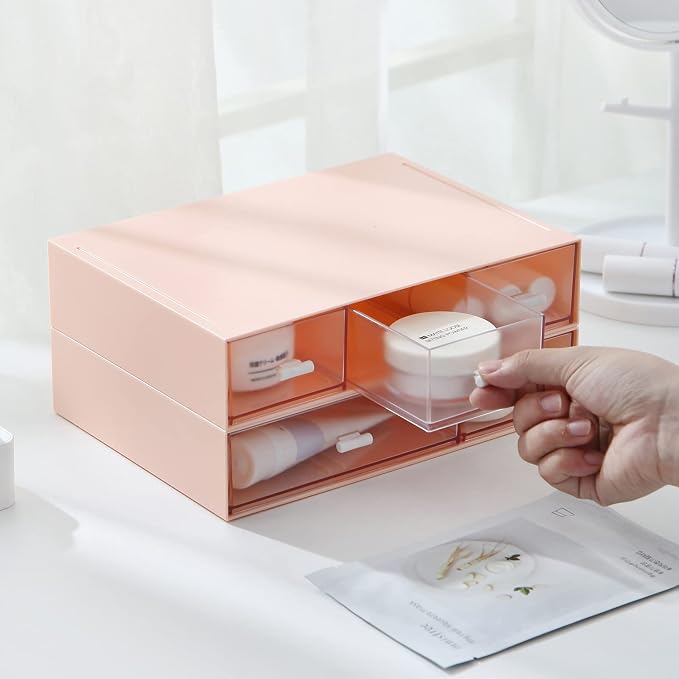 MILULUGO Desk Organizer with 6 Drawers, Makeup Organizer, Plastic Makeup Storage, Cosmetic Storage Organizer, Desk Storage Box, Bathroom Organization Boxes, Desktop Storage Box(Pink)
