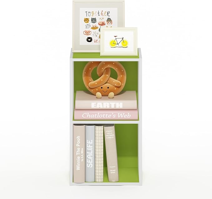 Furinno PASIR Book Shelf, 2-Tier Modern Bookshelf, Open Shelves Bookcase 9 x 12 x 21, Easy Assembly, for Living Room, Bedroom, Home Office, Green/White