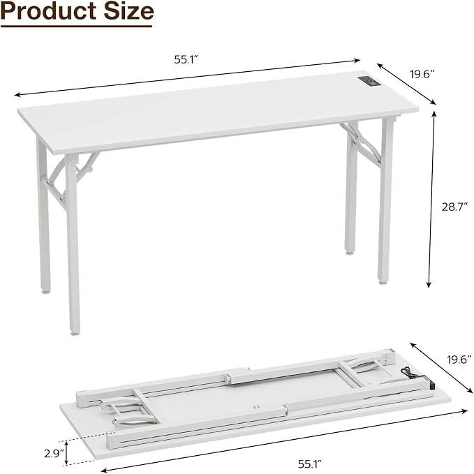 TEMI Long Computer Desk Folding Table - No Assembly, Compact 55.1" Foldable Desk with Power Outlets & USB Charging Port, Portable Lagre Office Desk, Ideal Large Study Table for Narrow Spaces,White Ash