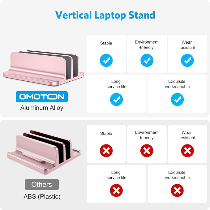 OMOTON Dual Vertical Desk Laptop Stand Holder, Fits MacBook Air, Rose Gold | Aluminum Laptop Storage Rack for Desk, Adjustable Dock for Up to 17.3 in. Gaming Laptop, Space-Saving Desk Organizer
