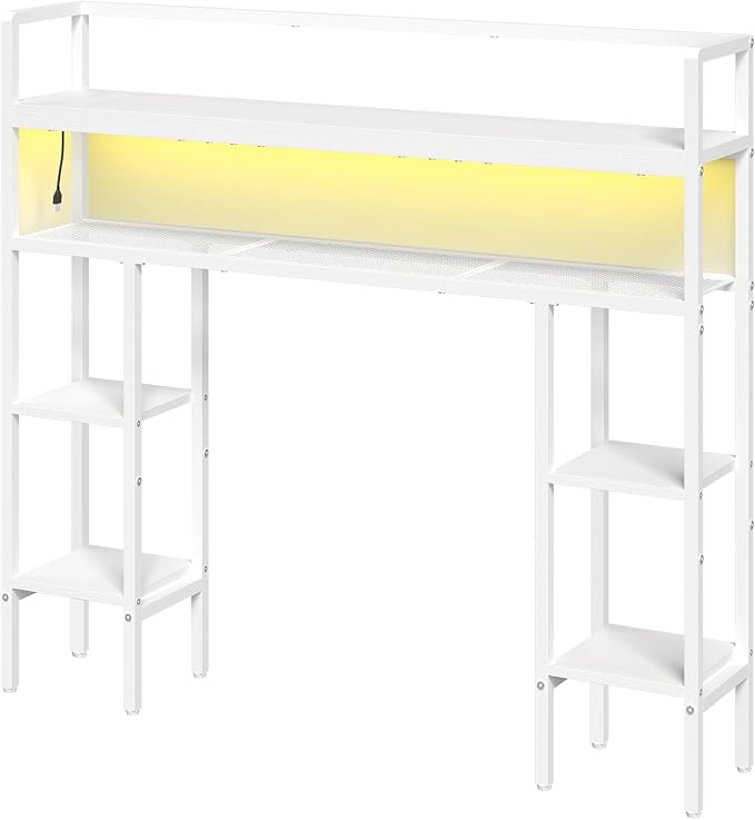 MAHANCRIS Desk Shelf, 43.3" Desk Hutch with Light Strip | Office Desktop Organizer, 5 Tier Desktop Bookshelf for Computer Monitor, Storage Rack for Study, Home Office, White