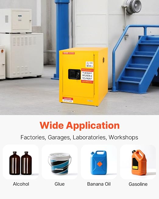 VEVOR Flammable Cabinet 17" x 17" x 22", 12 GalCold-Rolled Steel Flammable Liquid Storage Cabinet, Explosion Proof with 1 Adjustable Shelf 1 Door for Commercial Industrial Use, Yellow