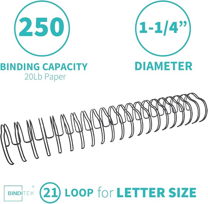 Metal Double Loop Wire Binding Spines, 1-1/4 Inch, 2:1 Pitch, Black 50 Pack | Wire Binding Spines for Letter Size, 21-Loop, 250 Sheet Capacity, for Reports, Manuals and Projects