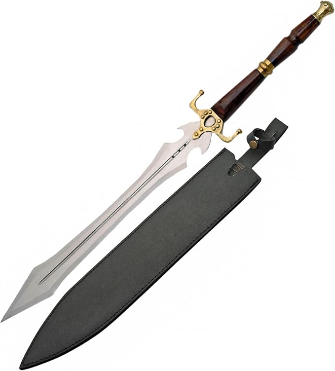 SZCO 31.25" Fantasy Sword – Medieval Short Sword with Wood Handle, Brass Guard & Pommel – Collectible Replica Blade with Leather Sheath – Decorative Cosplay & Display Weapon