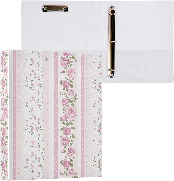 Pink and White Striped Rose Floral Binder 1.5 Inch Binder with Clipboard&Pockets, Hardcover Binders 3 Ring, Heavy Duty Large File Folder for Office School Supplies - Holds 200 Sheets