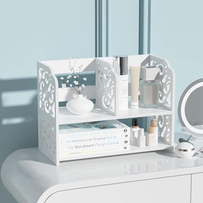 TY ARTS & CULTURE Vintage Hollow White Desktop Organizer Desk Storage Rack | desk storage rack, home office desktop shelf, tabletop furniture for desk, decorative desk organizer