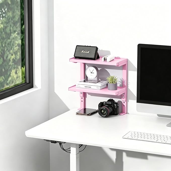 2-Tier Desk Shelf | Desk Organization Expandable Clamp on Desk Shelf Desktop Accessories for Offices and Game Rooms (Pink)