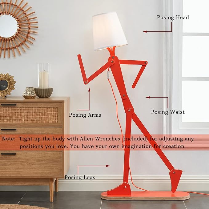 Cool Tall Wood Floor Lamp Corner Reading LED Bulb Included, Orange | Unique Design, Bedroom, Living Room, Office, Kids Bedside, Dorm, Decorative Standing Light, Creative Swing Arm