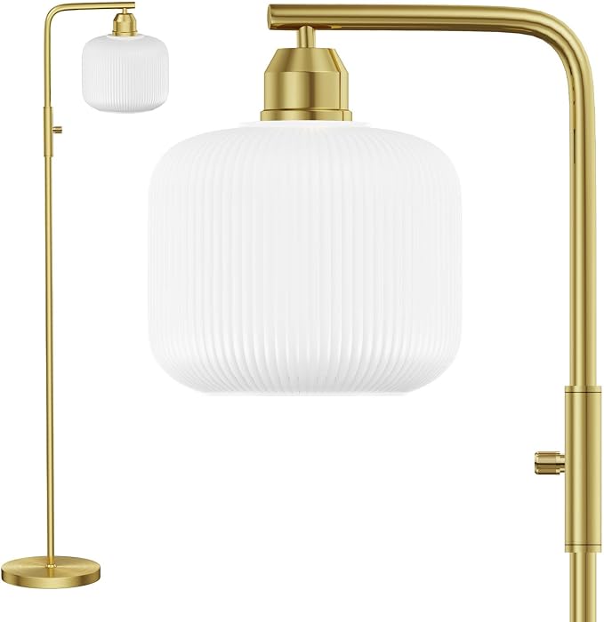 66" Dimmable Gold Standing Lamp with White Ribbed Glass for Living Room | Vintage Floor Lamp with Brushed Gold, Stepless Rotary Switch and 3000K LED Bulb, Arc Floor Lamp for Bedroom & Study Room